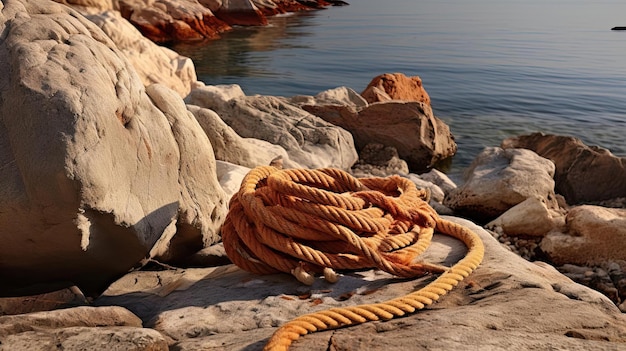 een touw vastgebonden met een touw door een rots naast een meer en een boot in de stijl van licht oranje en donker