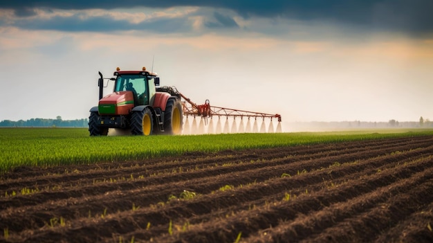 Een tractor besproeit een veld met een bewolkte lucht op de achtergrond.