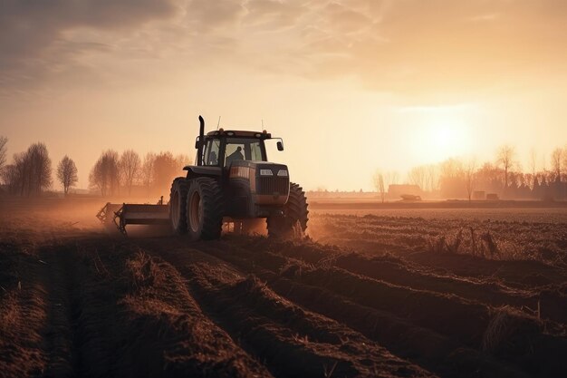 Een tractor die een veld ploegt bij zonsondergang generatieve AI