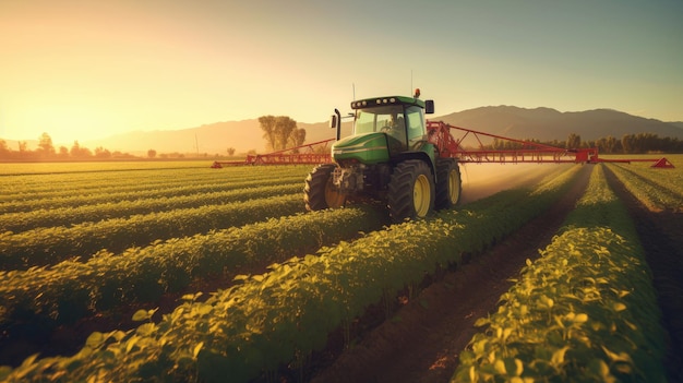 Een tractor die pesticiden bespuit op een groene sojabonenplantage bij Sunset