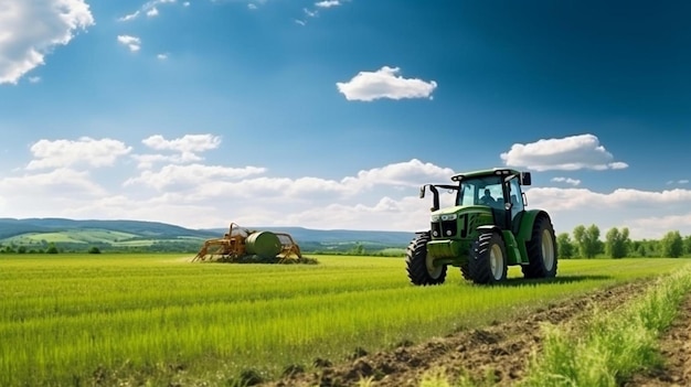 een tractor in een veld met een tractor op de achtergrond