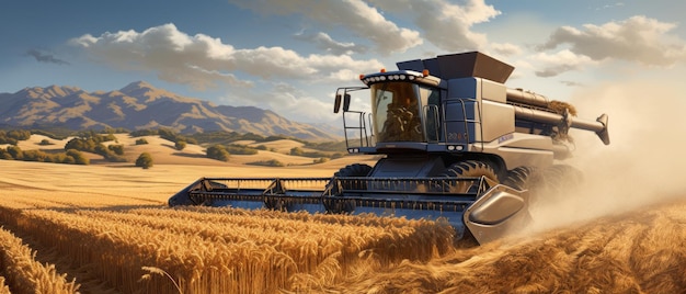 Een tractor is het oogsten van rijst in het veld dat zijn gecreëerd door realistische Generative AI