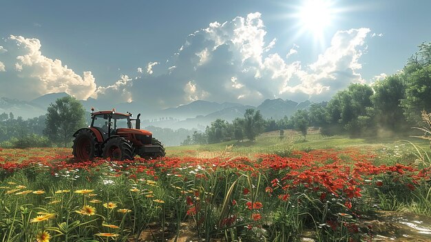 een tractor is in een veld van bloemen en de zon schijnt op de achtergrond