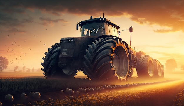 Een tractor met een zonsondergang op de achtergrond