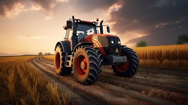 Een tractor op een boerderij rijdt door een veld.