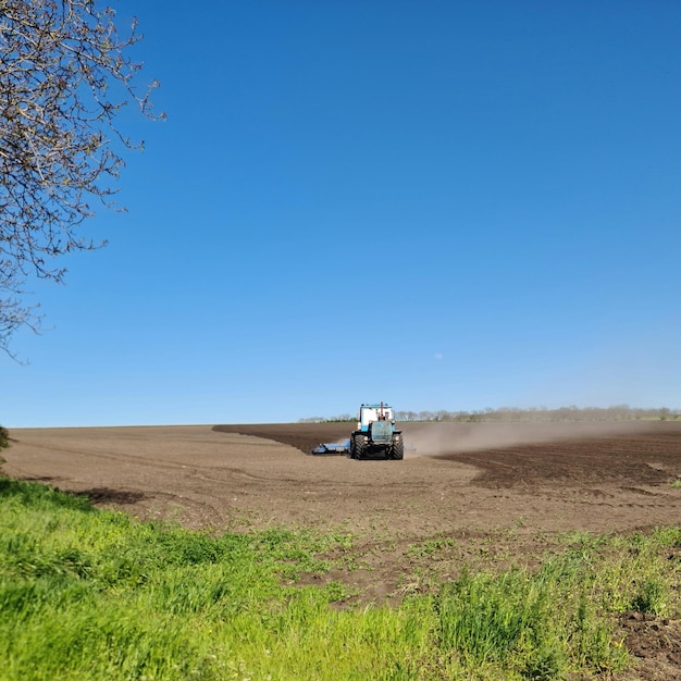 Een tractor ploegt een veld met een boom op de achtergrond.