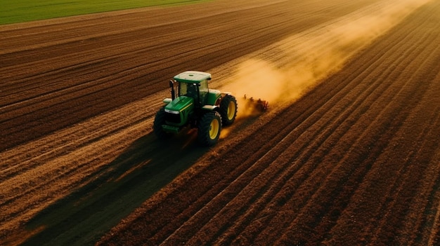 Een tractor ploegt een veld met een stofwolk op de achtergrond