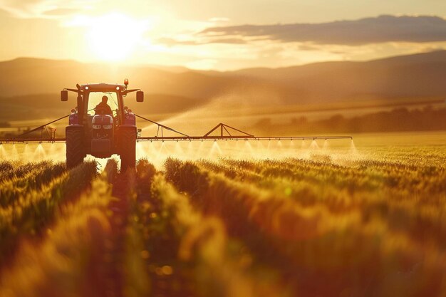 Een tractor spuit pesticiden op een gewasveld tijdens een gouden zonsondergang