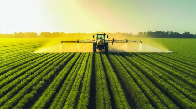 Een tractor spuit water op een veld.