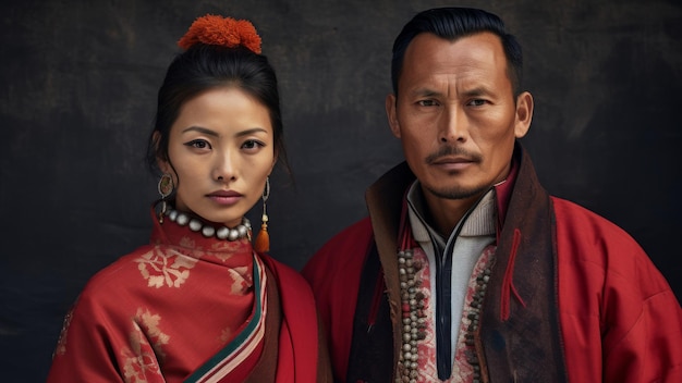 Een traditioneel echtpaar in sierlijke kleding poseert met waardige gratie die hun rijke culturele erfenis belichaamt