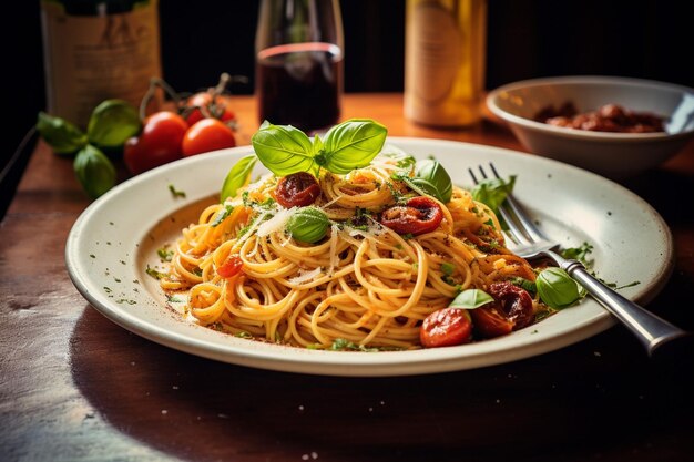 Een traditioneel gerecht van de Italiaanse pasta keuken restaurant serveert zwarte plaat houten tafel