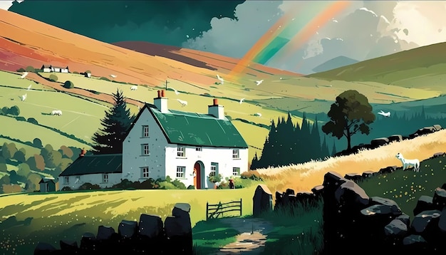 Een traditioneel Iers plattelandshuisje dat door groene heuvels en generatieve AI van de regenboog digitale kunst wordt omringd