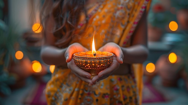 Foto een traditioneel indisch gezin viert het diwali-feest door een olielamp aan te steken met een jong meisje dat de lamp binnen houdt