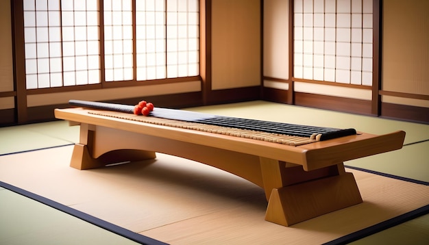 Foto een traditioneel japans koto-instrument dat voorzichtig op een tatami-mat in een serene tatami-kamer wordt geplaatst