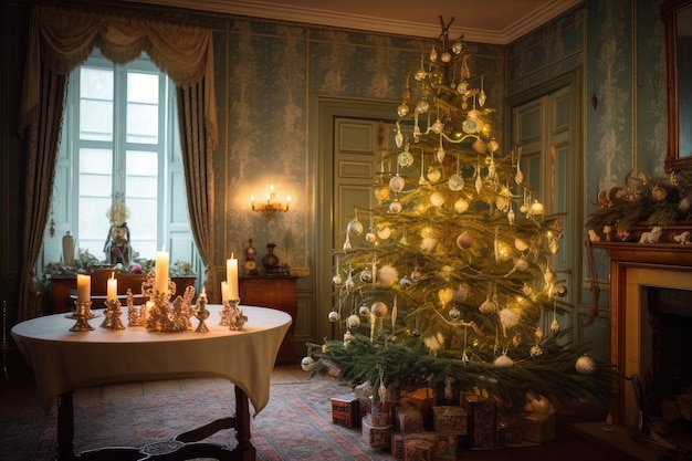 Een traditionele boom versierd met delicate ornamenten en kaarsen in een prachtig ingerichte kamer