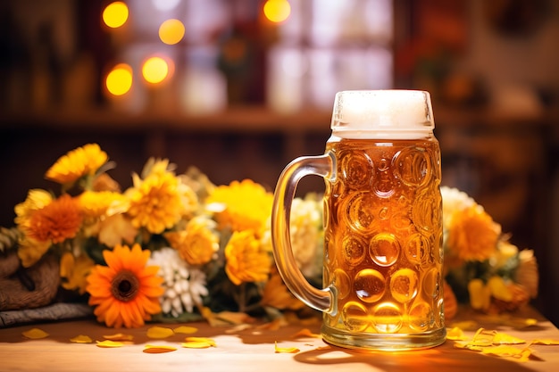 Foto een traditionele duitse bierbeker versierd met oktoberfest-decoraties