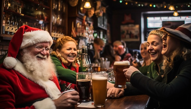 Een traditionele Ierse pub scene met klanten in feestelijke kleding