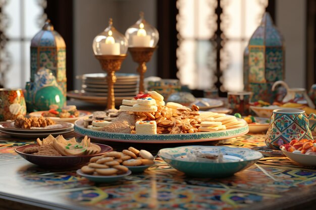 Foto een traditionele iftar tafel met kleurrijke gerechten en 00209 00