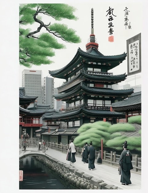 Een traditionele inkt schilderij van Asakusa