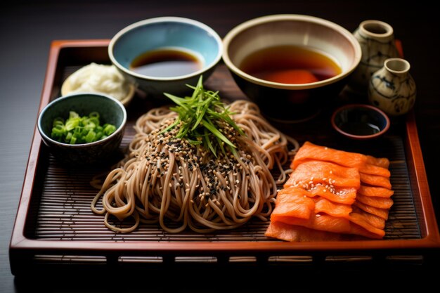 Foto een traditionele japanse maaltijd van zaru soba koude boekweitnoedels geserveerd op een bamboe dienblad