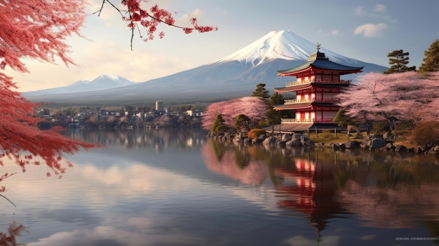 een traditionele Japanse tempel aan de rechterkant met aan de linkerkant de traditionele rode poort Mont Fuji