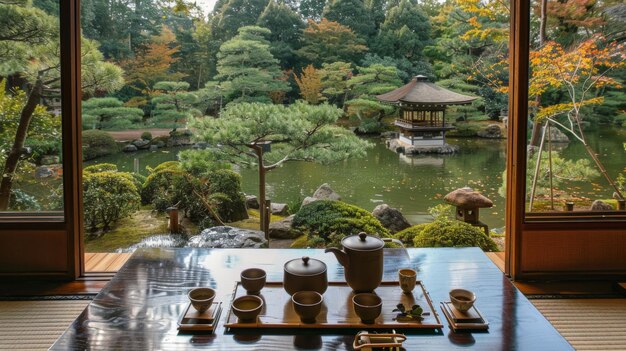 Een traditionele Japanse theeceremonie met een prachtig gerangschikte set gereedschappen en een serene tuin achtergrond die de essentie van Zen mindfulness vasthoudt