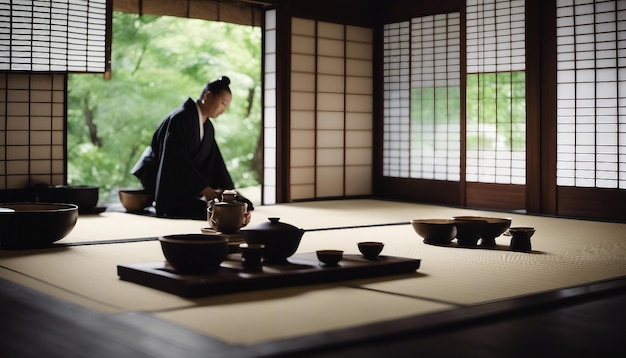 Een traditionele Japanse theeceremonie met tatami-matten, een thee-meester en een serene omgeving