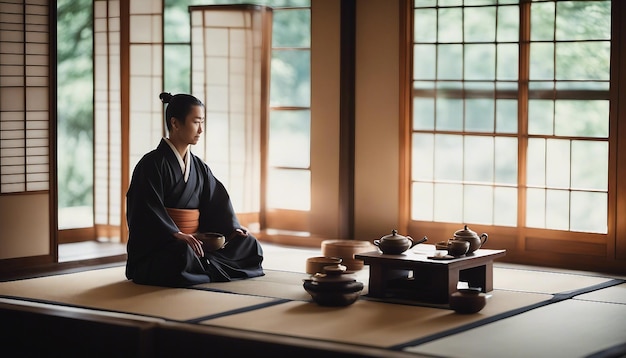 Een traditionele Japanse theeceremonie met tatami-matten, een thee-meester en een serene omgeving