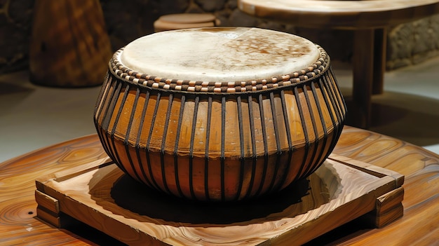 Een traditionele Koreaanse trommel de Janggu zit op een houten tafel de trommel is gemaakt van hout en heeft een geitenvel hoofd