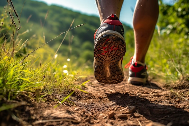 Een trailrunner toont zijn kracht en vastberadenheid terwijl hij zelfverzekerd een uitdagend pad afloopt en de sensatie van een avontuur in de open lucht omarmt