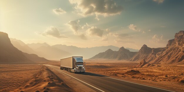 Een transport semi-truck die moeiteloos het uitgestrekte terrein doorkruist