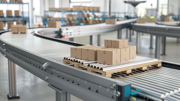 Foto een transportband met kartonnen dozen in een fabriek of magazijn een geïsoleerde moderne illustratie van een productielijn met productverpakkingen