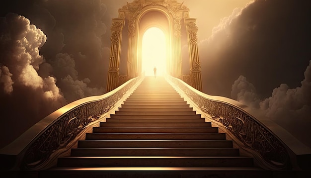 Een trap die leidt naar een gouden poort waar een persoon op staat.