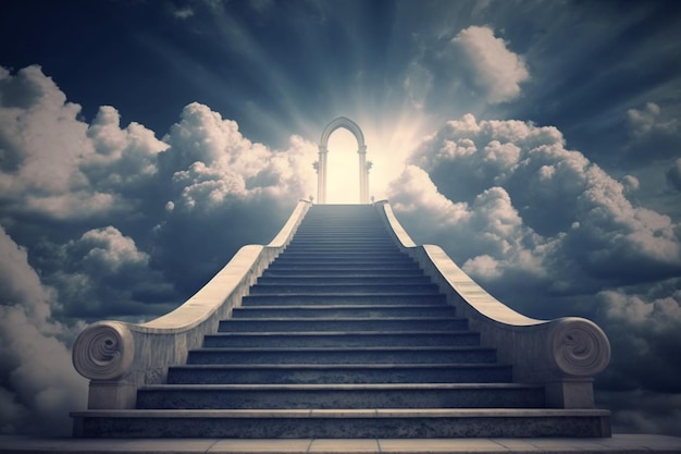 Een trap die naar de hemel leidt met een ladder die er naartoe leidt