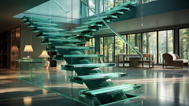 een trap met een glazen trap die naar een grote woonkamer leidt.