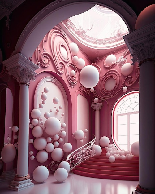 Een trap met een raam en een trap met roze en witte ballonnen.
