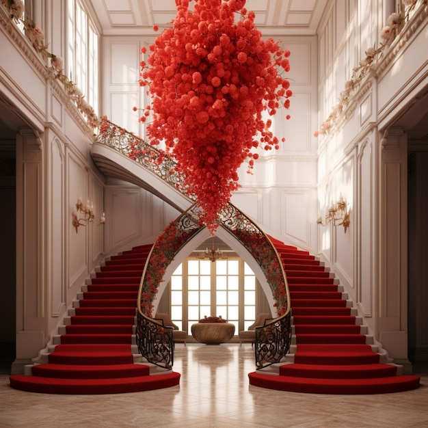 een trap met rode ballonnen in een groot gebouw generatief ai