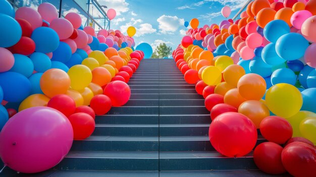 Een trap versierd met kleurrijke ballonnen die de lucht in stijgen