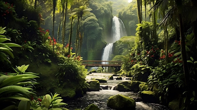 Een trapsgewijze waterval te midden van een groen regenwoud omringd door torenhoge bomen versierd met exotische en levendige bloemen Generatieve ai