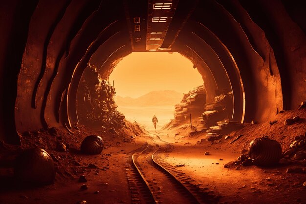 Een trein die door een tunnel rijdt met een man die op het spoor loopt