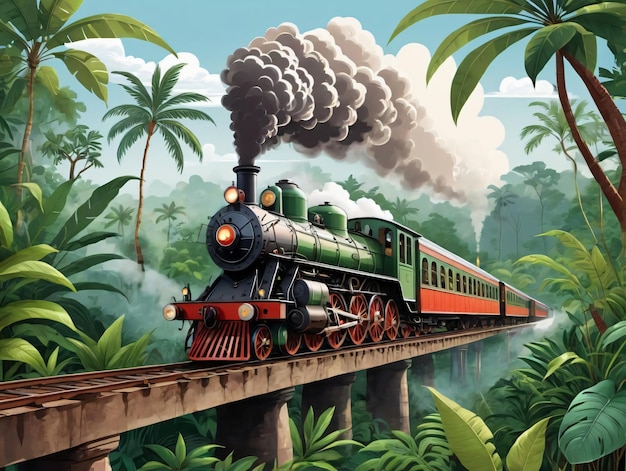 Een trein die over een brug in de jungle rijdt
