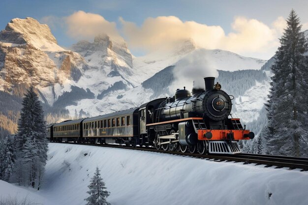 Foto een trein die over treinsporen reist naast met sneeuw bedekte bergen