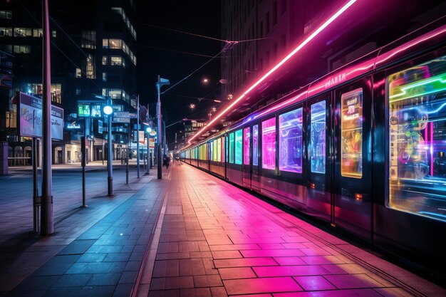 een trein die 's nachts door een stadsstraat rijdt