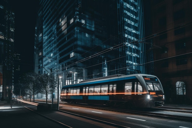 Een trein in een stadsstraat 's nachts met de lichten aan.