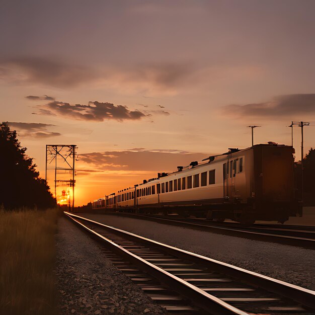 Foto een trein is op de rails met een zonsondergang op de achtergrond