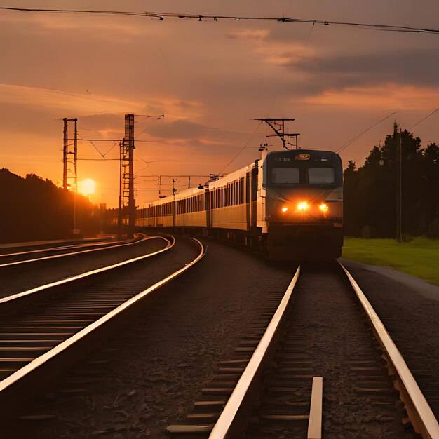 Een trein komt de rails af met de zon achter zich.