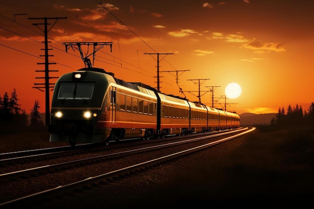 Een trein loopt langs de sporen bij zonsondergang.