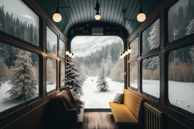 Een trein met een gele stoel en een sneeuwlandschap buiten