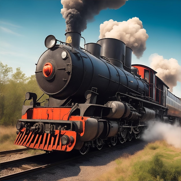 Een trein met een rood-zwarte voorkant waar rook uit komt.