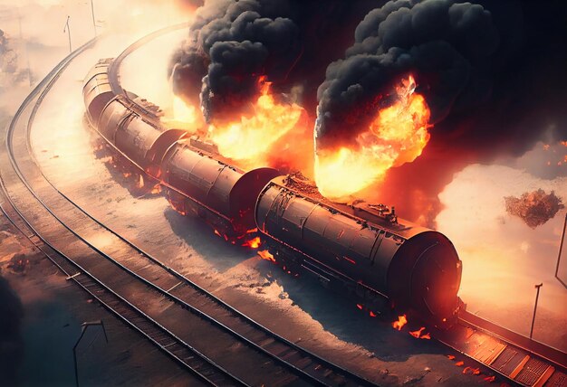 Een trein met olietanks staat in brand en is zichtbaar in de rooktanks die vuur verbranden met pesticiden